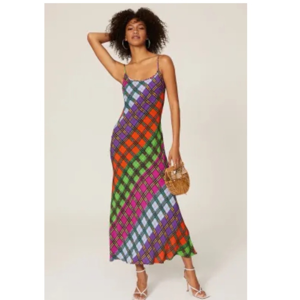 RIXO Diagonal Plaid Slip Midi Dress in Purple, Orange, Green, Pink, Blue